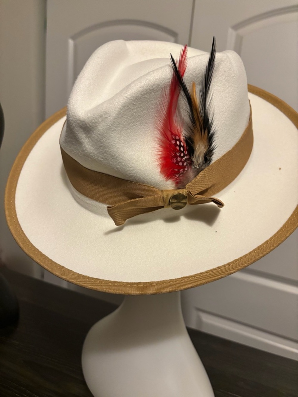White Wool Fedora with Tan Band and Feather Accent